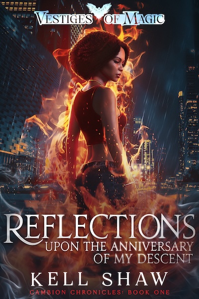 The cover of Reflections by Kell Shaw, showing the protagonist surrounded by a halo of fire against a city scape. It's also raining.