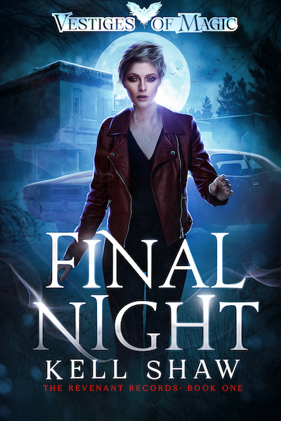 The cover of Final Night by Kell Shaw, showing Lukie (our protagonist) in front of a full moon. An old fashioned 1970s car is parked behind her.
