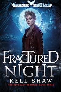 The cover of Fractured Night, by Kell Shaw, showing Lukie near a dilapidated hunting lodge in a midnight forest.