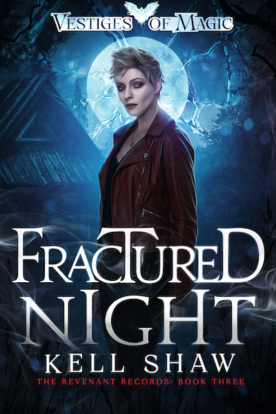 The cover of Fractured Night, by Kell Shaw, showing Lukie near a dilapidated hunting lodge in a midnight forest.